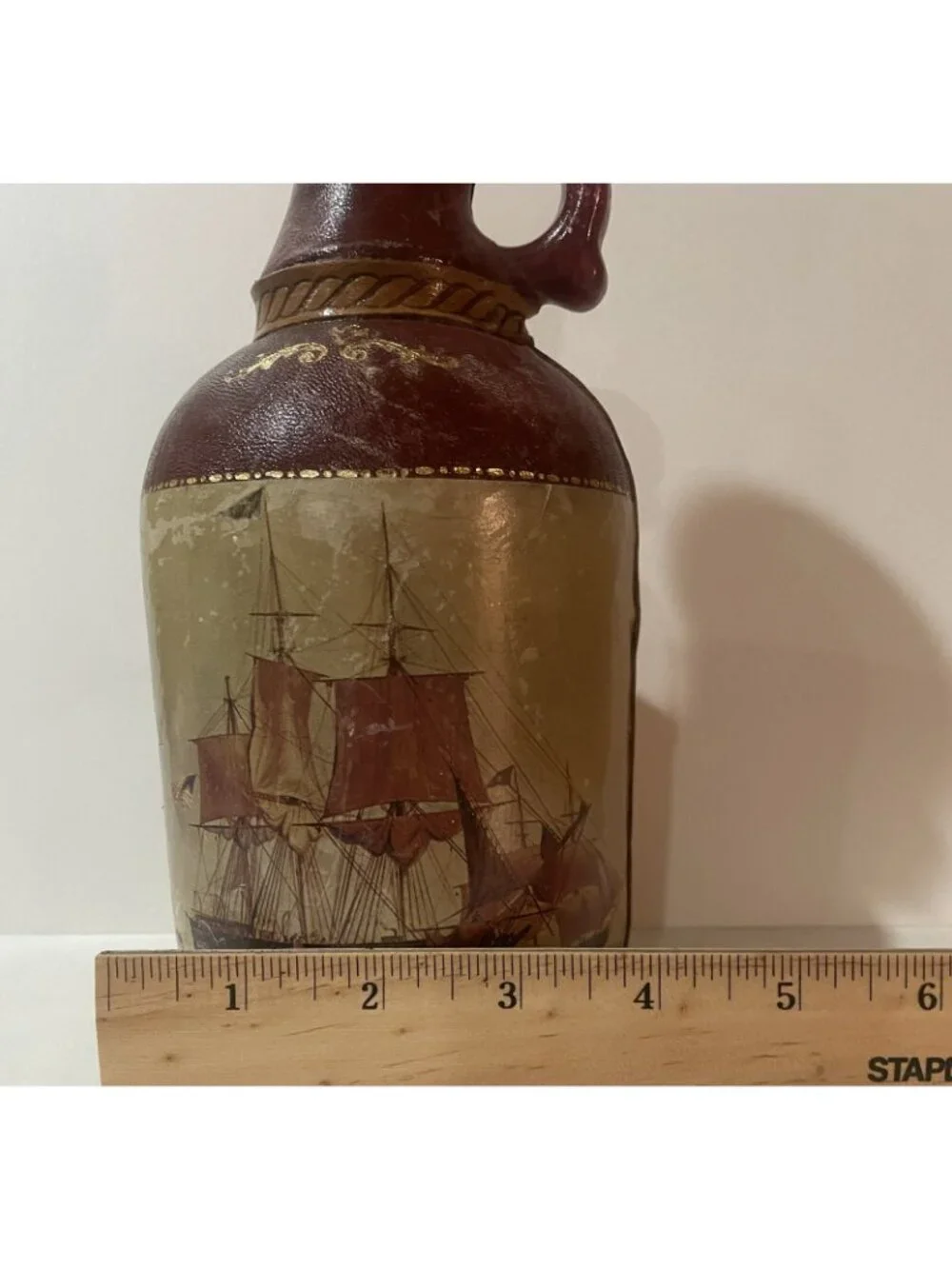 Fausto Corduri-Leather Wrap Nautical Liquor Bottle w Clipper Ship Flag Wood Top